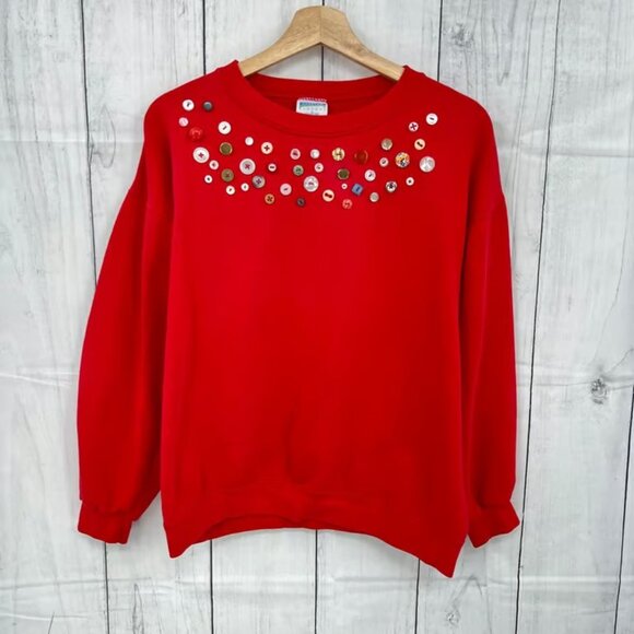 American VINTAGE Sweater Sweatshirt MEDIUM Red Crewneck Buttons Pullover - Picture 1 of 6